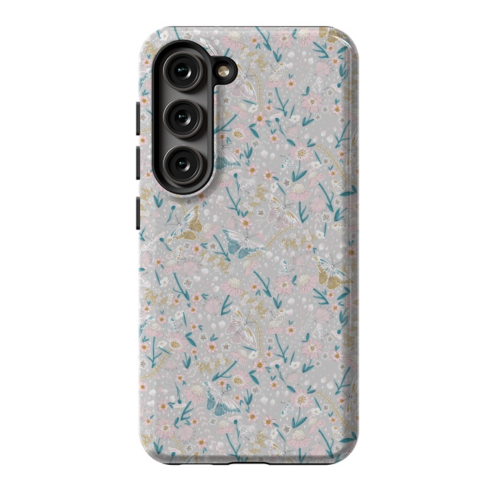 Galaxy S23 StrongFit Delicate Daisies and Butterflies half-drop repeat pattern by Paula Ohreen
