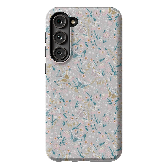 Galaxy S23 Plus StrongFit Delicate Daisies and Butterflies half-drop repeat pattern by Paula Ohreen