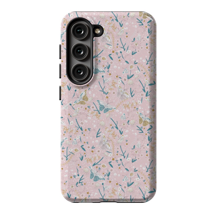 Galaxy S23 StrongFit Delicate Daisies and Butterflies half-drop repeat pattern on Pink by Paula Ohreen