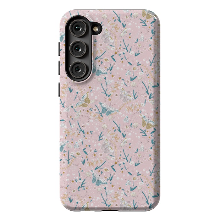 Galaxy S23 Plus StrongFit Delicate Daisies and Butterflies half-drop repeat pattern on Pink by Paula Ohreen