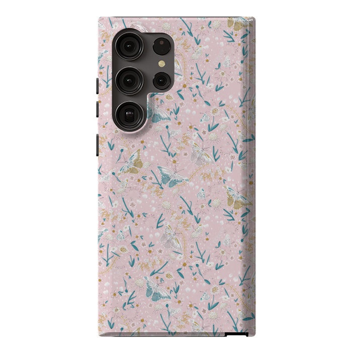 Galaxy S23 Ultra StrongFit Delicate Daisies and Butterflies half-drop repeat pattern on Pink by Paula Ohreen