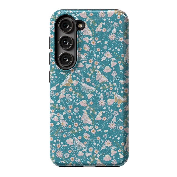 Galaxy S23 StrongFit Delicate Daisies and Butterflies half-drop repeat pattern on Blue by Paula Ohreen