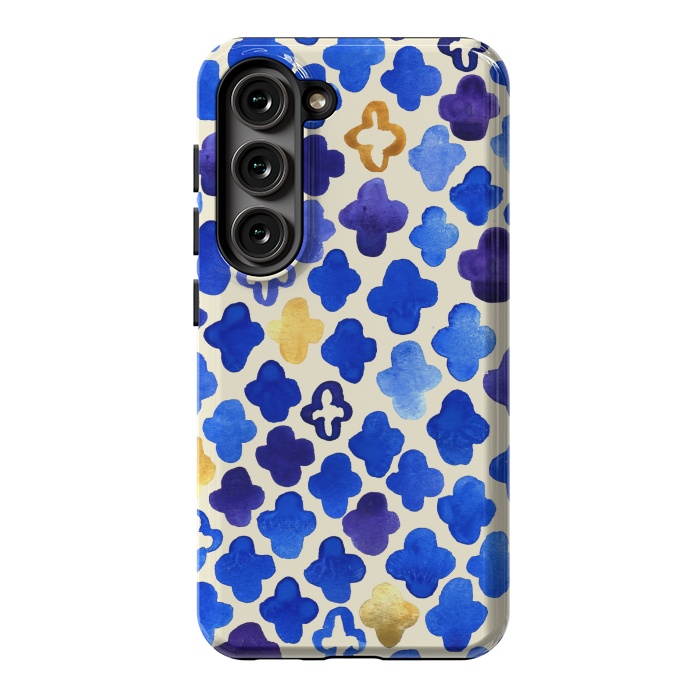 Galaxy S23 StrongFit Rustic Watercolor Moroccan in Royal Blue & Gold by Tangerine-Tane