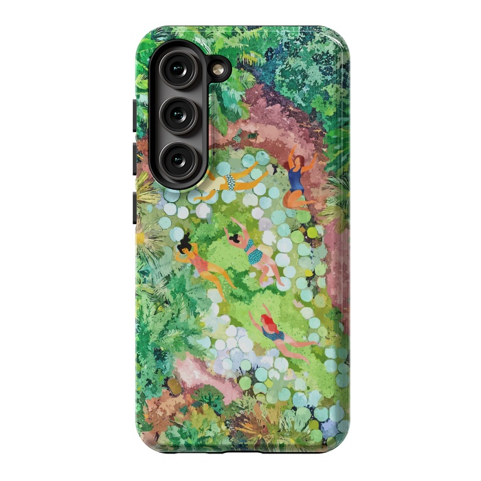 Galaxy S23 StrongFit Tropical Vacay | Rainforest Jungle Botanical Lush Nature | Summer Lake People Swim | Boho Painting by Uma Prabhakar Gokhale
