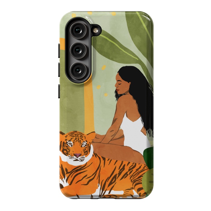 Galaxy S23 StrongFit Just You & Me | Tiger Urban Jungle Friendship | Wild Cat Bohemian Black Woman with Pet by Uma Prabhakar Gokhale