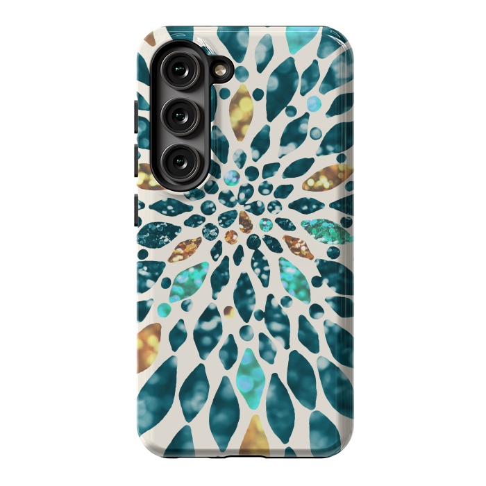 Galaxy S23 StrongFit Glitter Dahlia in Gold, Aqua and Ocean Green by Tangerine-Tane