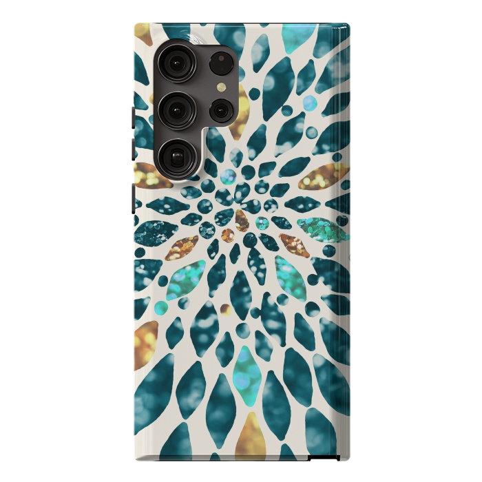 Galaxy S23 Ultra StrongFit Glitter Dahlia in Gold, Aqua and Ocean Green by Tangerine-Tane