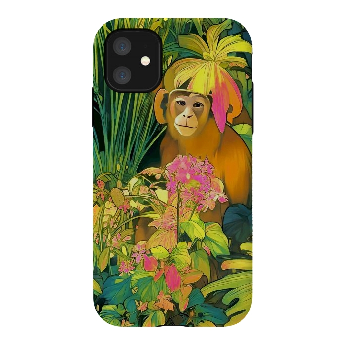 iPhone 11 StrongFit Daydreamer, Coming of Age Monkey Tropical Jungle Plants, Wildlife Botanical Nature Forest Bohemian Animals by Uma Prabhakar Gokhale
