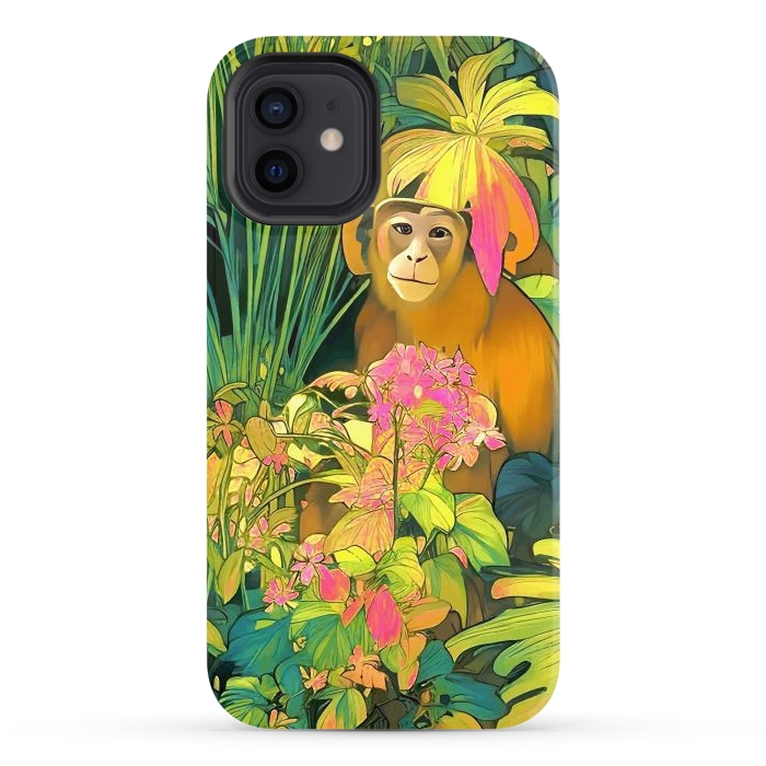 iPhone 12 StrongFit Daydreamer, Coming of Age Monkey Tropical Jungle Plants, Wildlife Botanical Nature Forest Bohemian Animals by Uma Prabhakar Gokhale