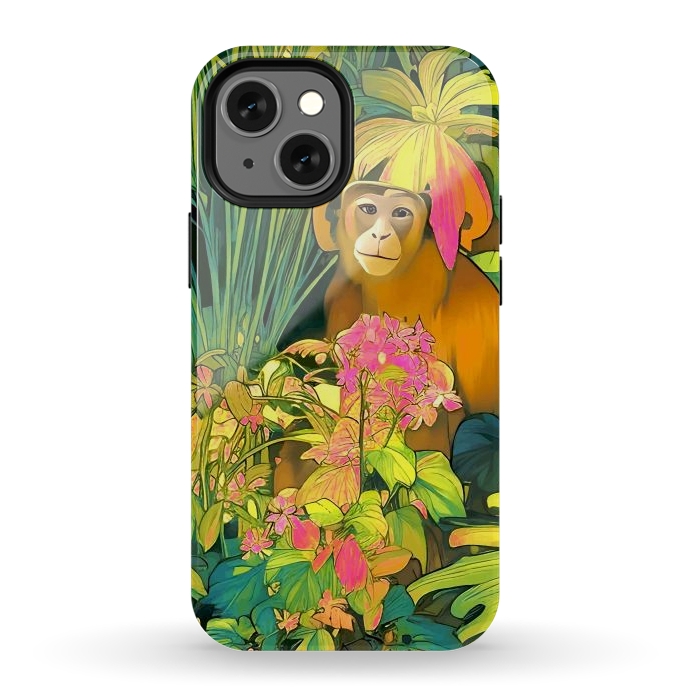 iPhone 13 mini StrongFit Daydreamer, Coming of Age Monkey Tropical Jungle Plants, Wildlife Botanical Nature Forest Bohemian Animals by Uma Prabhakar Gokhale