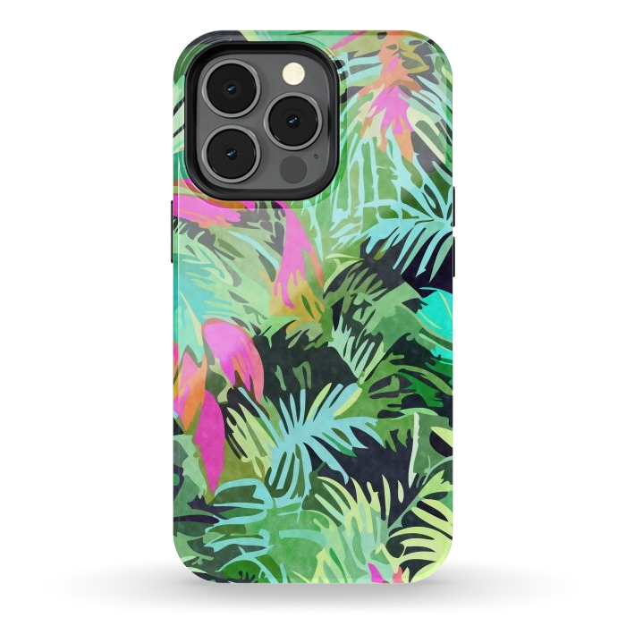 iPhone 13 pro StrongFit Tropical Jungle, Botanical Nature Plants, Palm Forest Bohemian Watercolor, Modern Wild Painting by Uma Prabhakar Gokhale