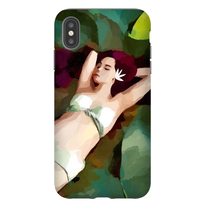 iPhone Xs Max StrongFit The Moment of Peace, Girl Woman on Lotus Leaf, Tropical Nature Botanical Watercolor Bohemian Painting by Uma Prabhakar Gokhale