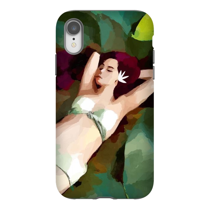 iPhone Xr StrongFit The Moment of Peace, Girl Woman on Lotus Leaf, Tropical Nature Botanical Watercolor Bohemian Painting by Uma Prabhakar Gokhale