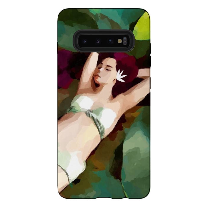 Galaxy S10 plus StrongFit The Moment of Peace, Girl Woman on Lotus Leaf, Tropical Nature Botanical Watercolor Bohemian Painting by Uma Prabhakar Gokhale