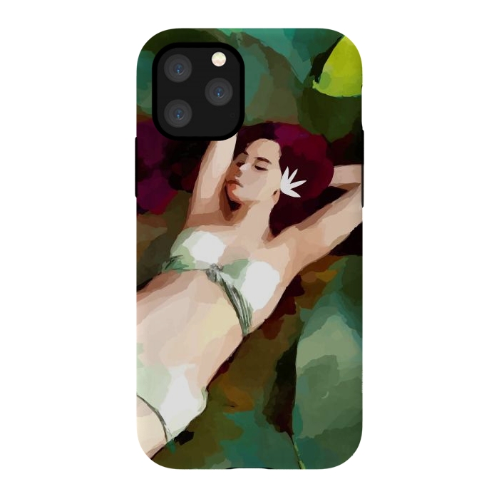 iPhone 11 Pro StrongFit The Moment of Peace, Girl Woman on Lotus Leaf, Tropical Nature Botanical Watercolor Bohemian Painting by Uma Prabhakar Gokhale