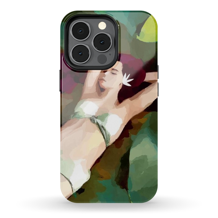 iPhone 13 pro StrongFit The Moment of Peace, Girl Woman on Lotus Leaf, Tropical Nature Botanical Watercolor Bohemian Painting by Uma Prabhakar Gokhale