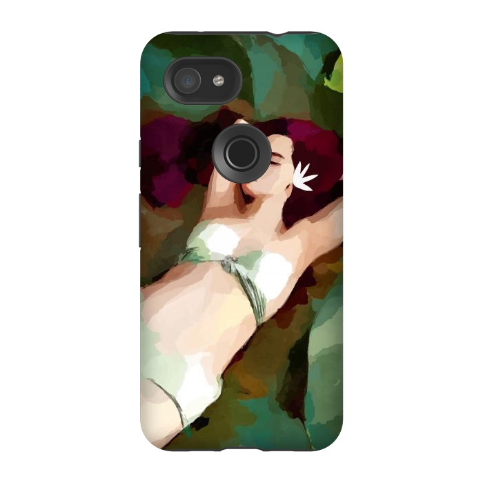 Pixel 3A StrongFit The Moment of Peace, Girl Woman on Lotus Leaf, Tropical Nature Botanical Watercolor Bohemian Painting by Uma Prabhakar Gokhale