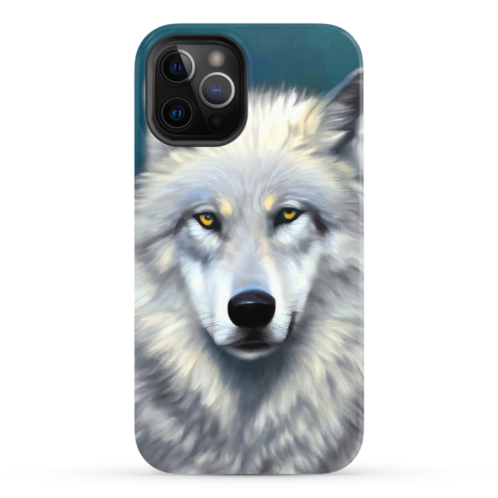 iPhone 12 Pro StrongFit The Wolf, Animal Portrait Painting, Wildlife Forest Jungle Dog, Mystery Eclectic Rustic by Uma Prabhakar Gokhale