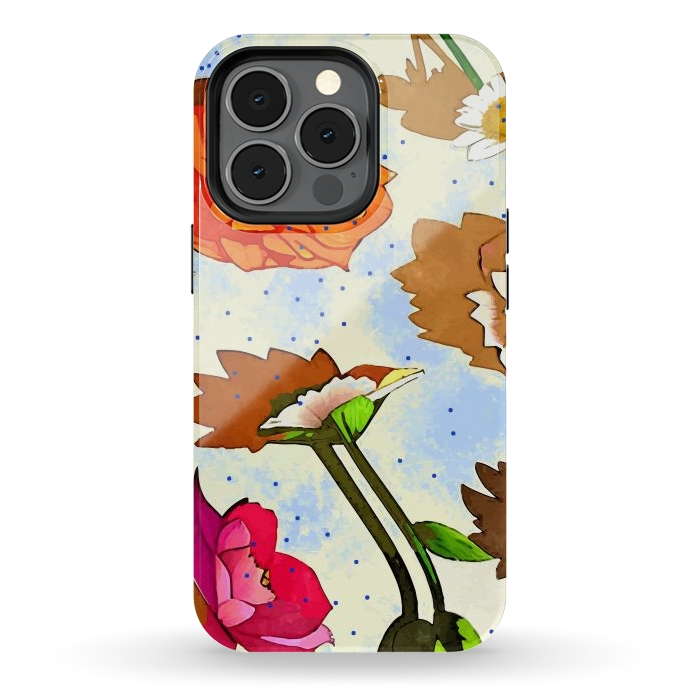 iPhone 13 pro StrongFit Floral Soul, Botanical Vintage Nature Plants, Polka Dots Flowers Blossom, Mid-century Modern Bohemian Painting by Uma Prabhakar Gokhale