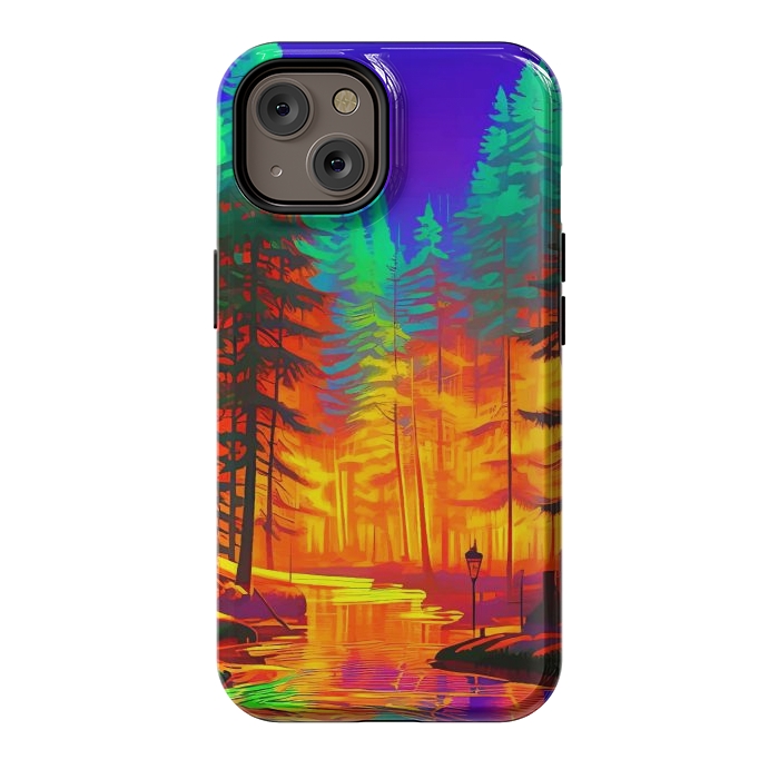 iPhone 14 StrongFit The Neon Mirage, Forest Trees Nature, Eclectic Electric Pop Art, Colorful Bright Contemporary Modern by Uma Prabhakar Gokhale