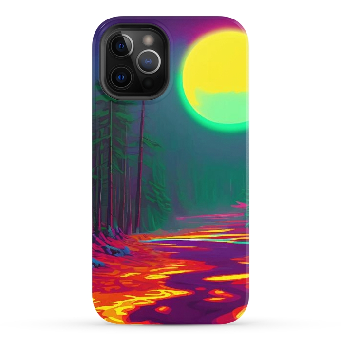 iPhone 12 Pro StrongFit Neon Moon, Color Pop Art Glow Forest, Nature LandscapeAdventure, Travel Mystery Eclectic, Contemporary Digital Painting by Uma Prabhakar Gokhale
