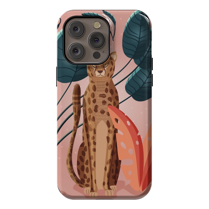 iPhone 14 Pro max StrongFit Cheetah and palm leaves by Jelena Obradovic