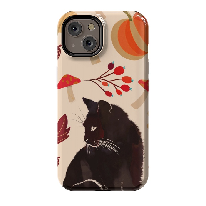 iPhone 14 StrongFit Black cat and autumn woodland pattern - leaves, mushroom, pumpkin by Oana 