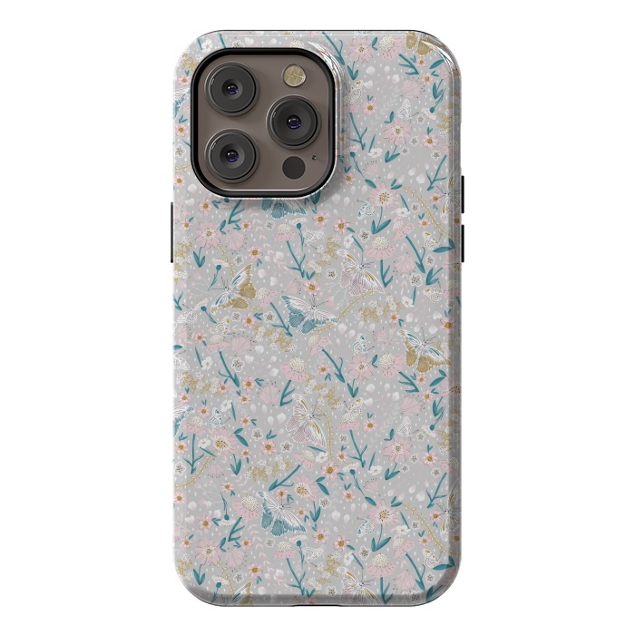 iPhone 14 Pro max StrongFit Delicate Daisies and Butterflies half-drop repeat pattern by Paula Ohreen
