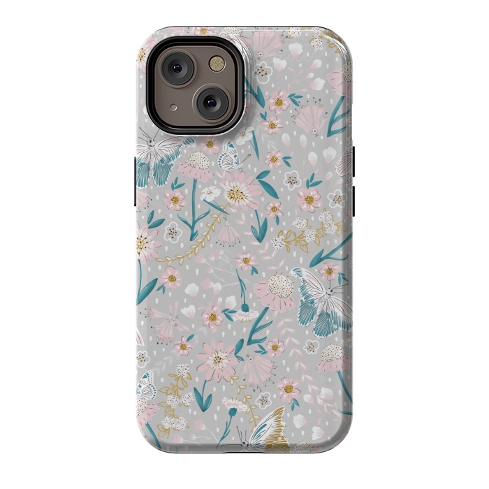 iPhone 14 StrongFit Delicate Daisies and Butterflies half-drop repeat pattern by Paula Ohreen