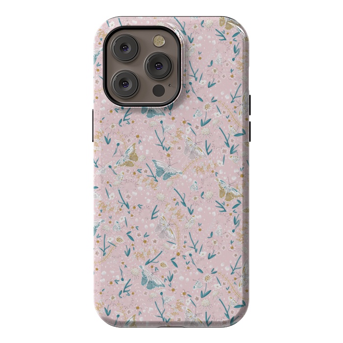 iPhone 14 Pro max StrongFit Delicate Daisies and Butterflies half-drop repeat pattern on Pink by Paula Ohreen
