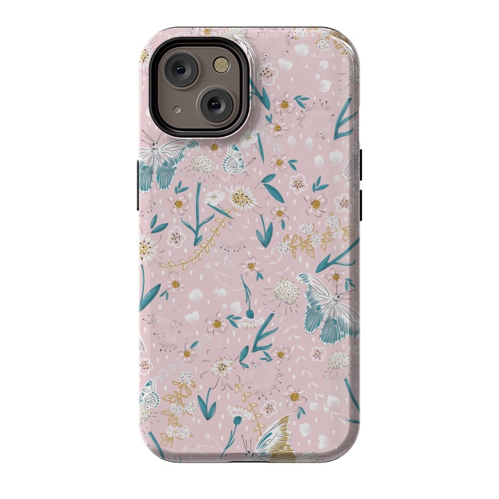 iPhone 14 StrongFit Delicate Daisies and Butterflies half-drop repeat pattern on Pink by Paula Ohreen