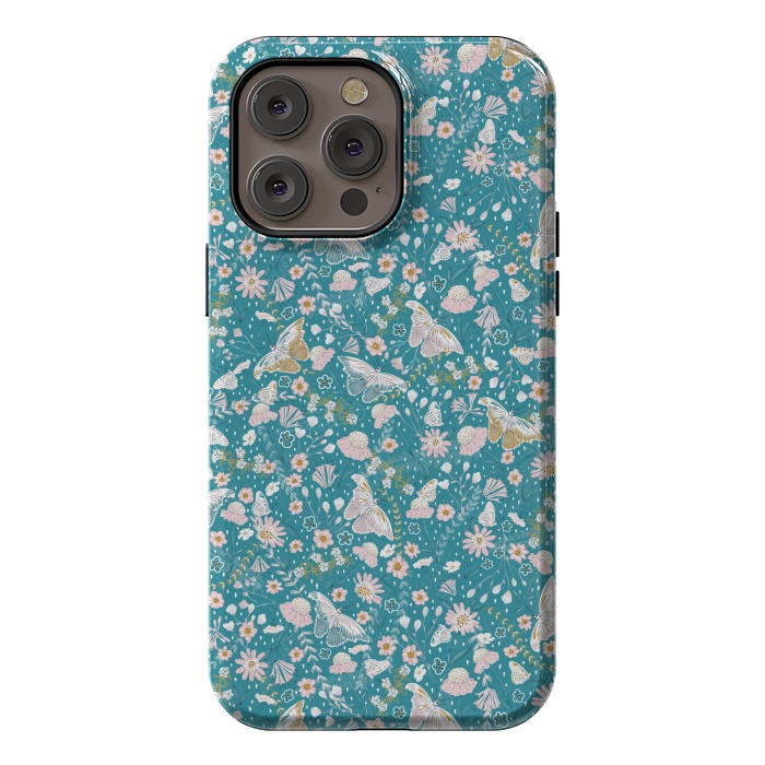 iPhone 14 Pro max StrongFit Delicate Daisies and Butterflies half-drop repeat pattern on Blue by Paula Ohreen
