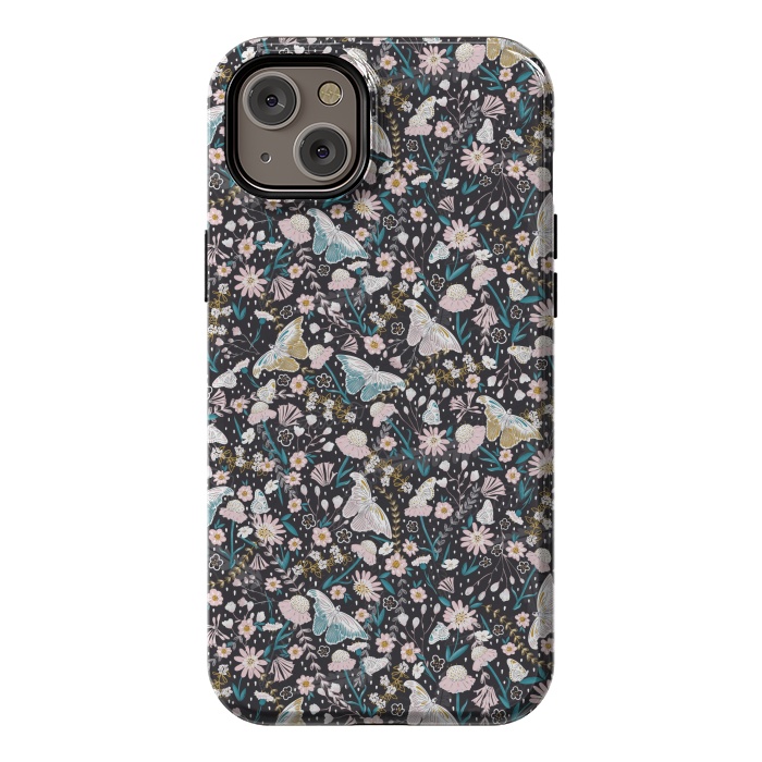 iPhone 14 Plus StrongFit Delicate Daisies and Butterflies half-drop repeat pattern on Black by Paula Ohreen