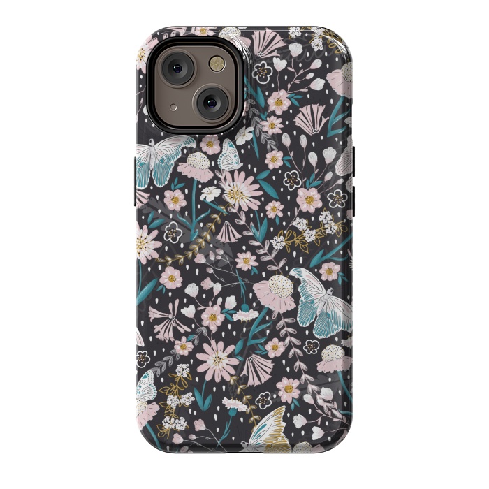 iPhone 14 StrongFit Delicate Daisies and Butterflies half-drop repeat pattern on Black by Paula Ohreen