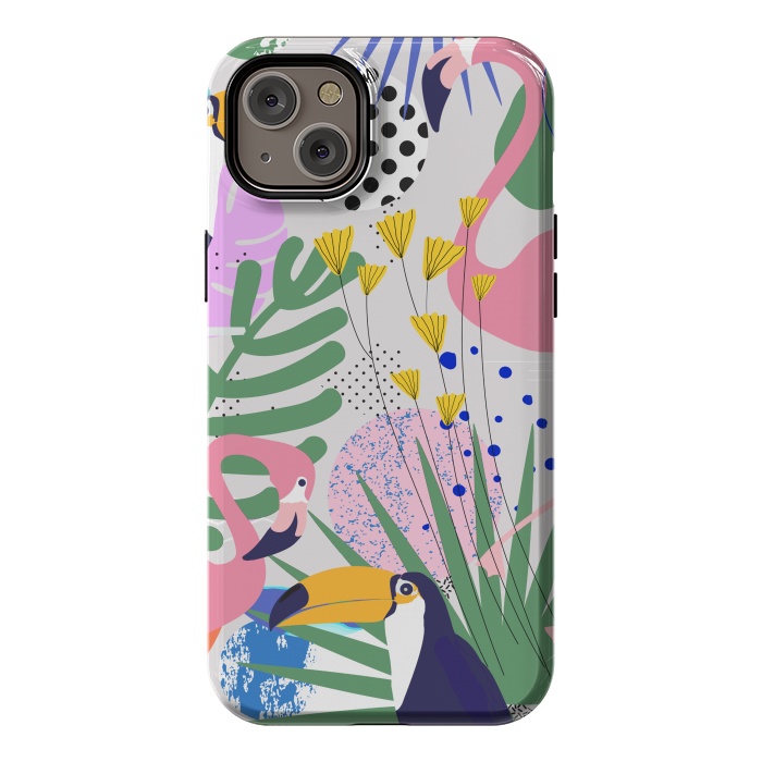 iPhone 14 Plus StrongFit Tropical Spring | Pastel Quirky Modern Bohemian Jungle Botanical | Flamingo Palm Cockatoo Birds by Uma Prabhakar Gokhale