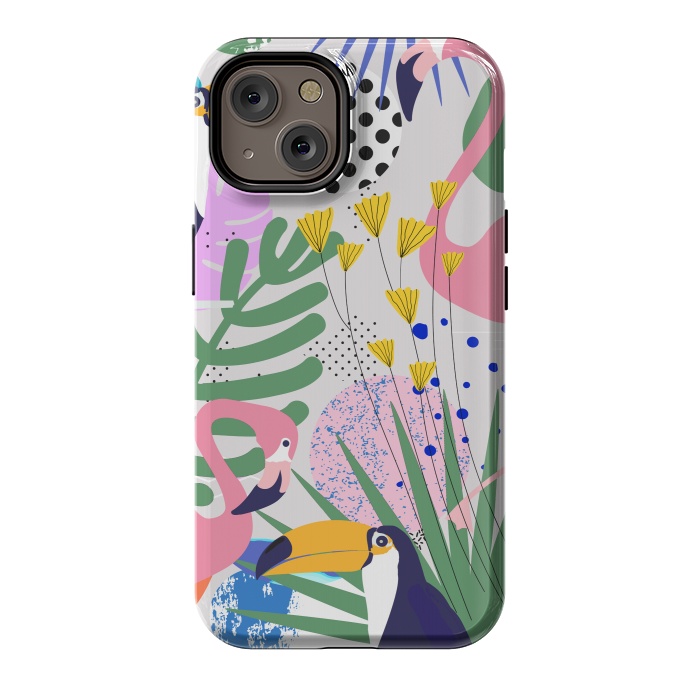 iPhone 14 StrongFit Tropical Spring | Pastel Quirky Modern Bohemian Jungle Botanical | Flamingo Palm Cockatoo Birds by Uma Prabhakar Gokhale
