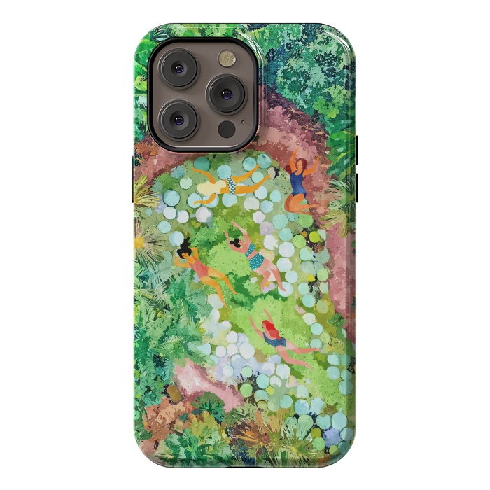 iPhone 14 Pro max StrongFit Tropical Vacay | Rainforest Jungle Botanical Lush Nature | Summer Lake People Swim | Boho Painting by Uma Prabhakar Gokhale