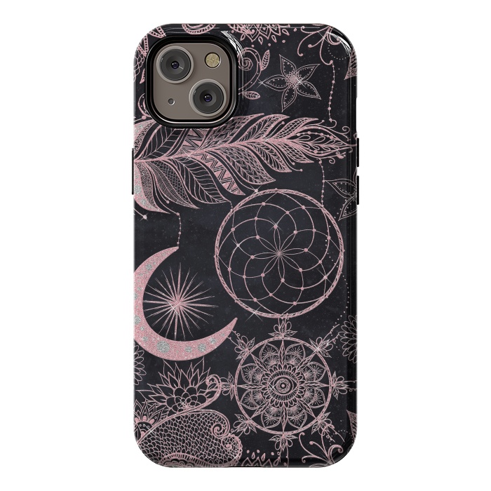 iPhone 14 Plus StrongFit Rose Gold Glitter Dreamcatcher Feathers Mandala by InovArts