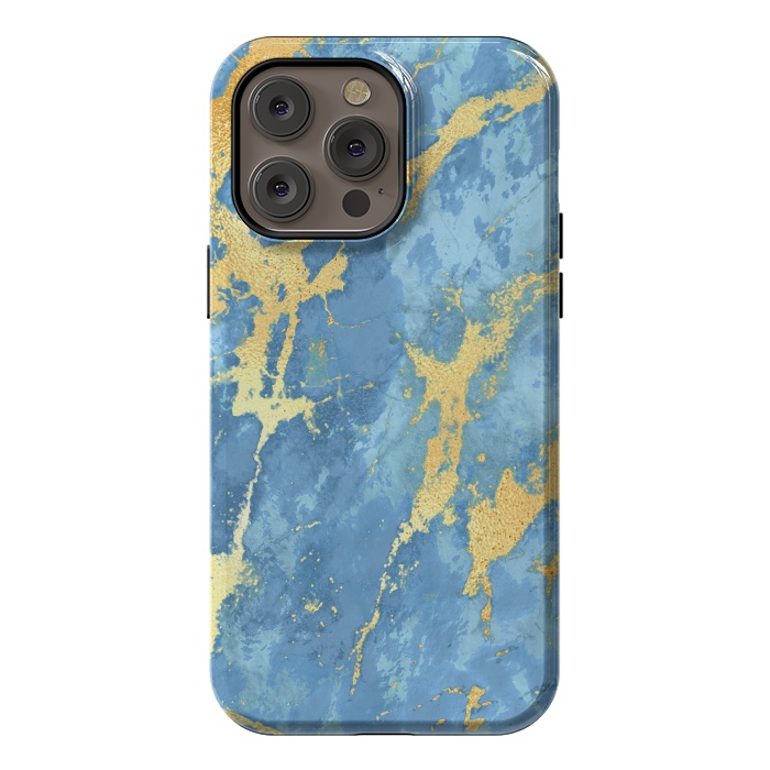 iPhone 14 Pro max StrongFit sky blue gold marble by haroulita