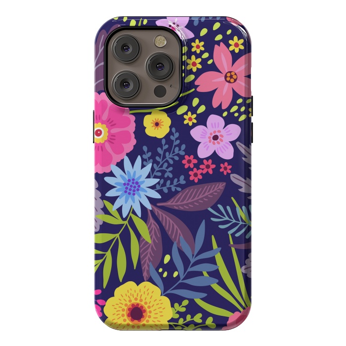 iPhone 14 Pro max StrongFit Amazing seamless floral pattern with bright colorful flowers and leaves on a dark blue background by ArtsCase