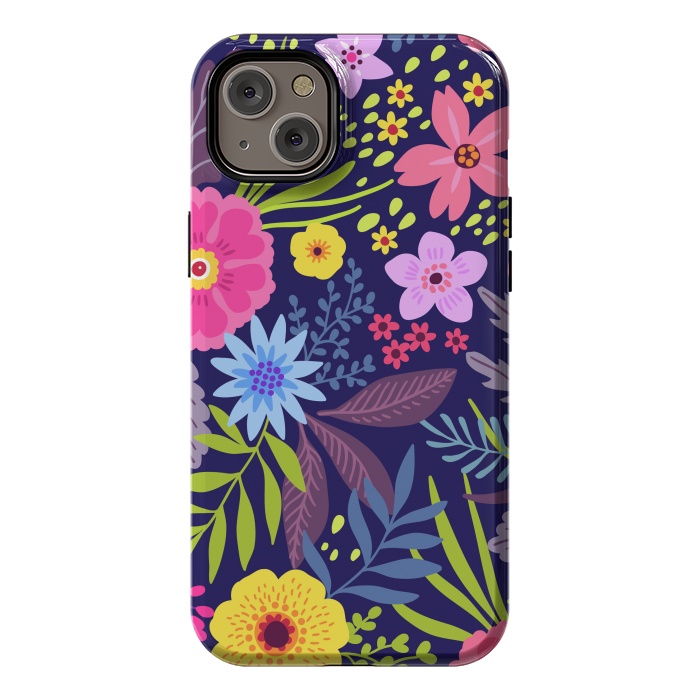 iPhone 14 Plus StrongFit Amazing seamless floral pattern with bright colorful flowers and leaves on a dark blue background by ArtsCase