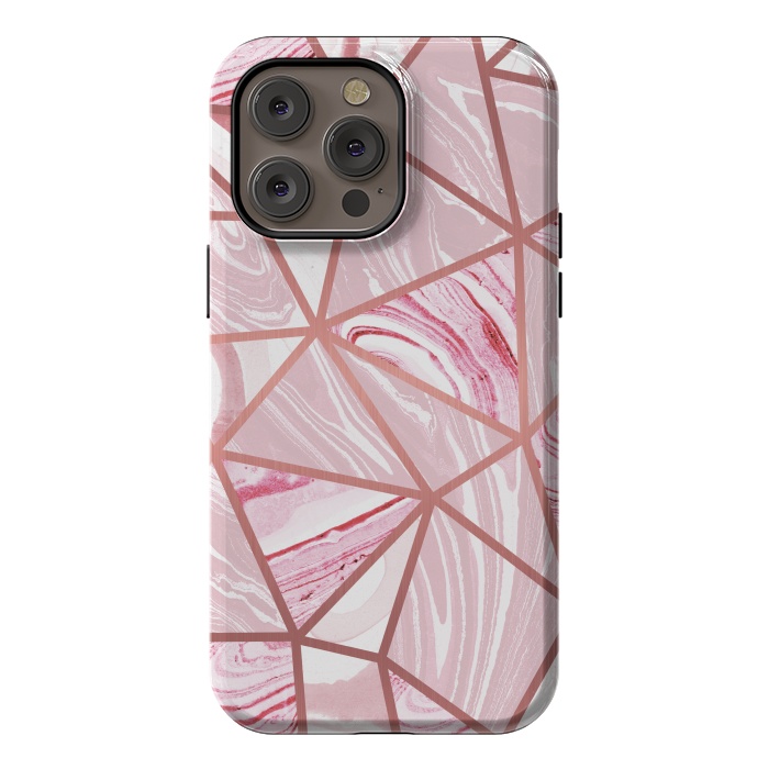 iPhone 14 Pro max StrongFit Candy pink marble and rose gold triangles by Oana 