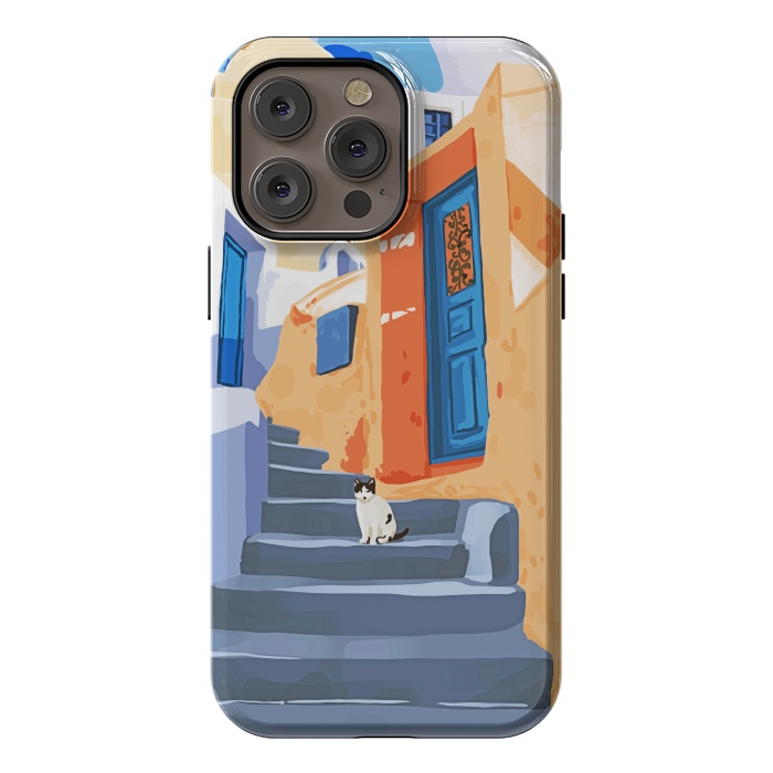 iPhone 14 Pro max StrongFit Cat in Greece, Architecture Tropical Exotic Travel Places City, Bohemian Beachy Santorini Painting by Uma Prabhakar Gokhale