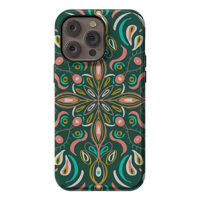 iPhone 14 Pro max StrongFit Bold Boho Mandala in Green Coral and Gold by ECMazur 
