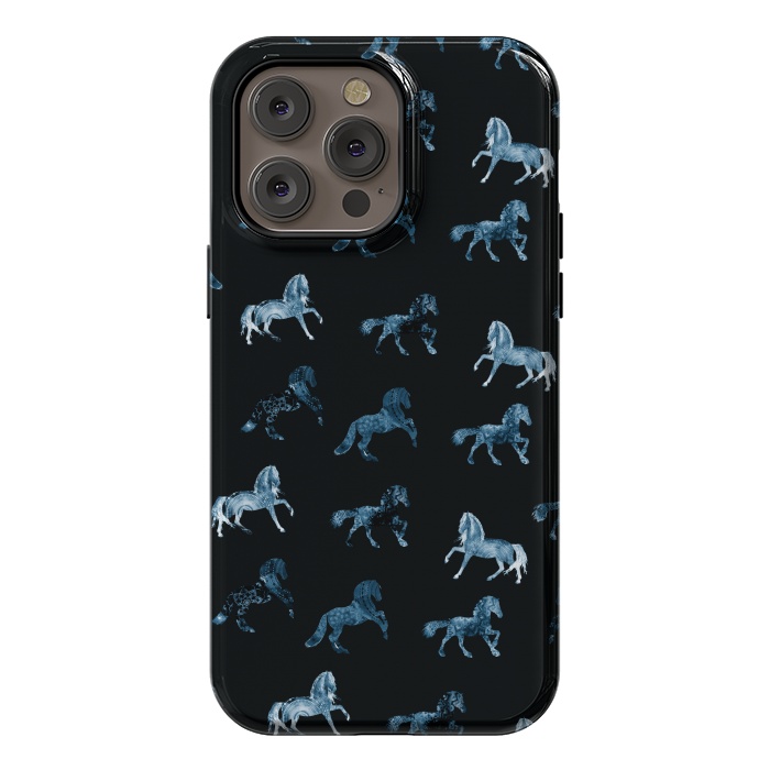 iPhone 14 Pro max StrongFit Horse pattern - blue watercolor horses  by Oana 