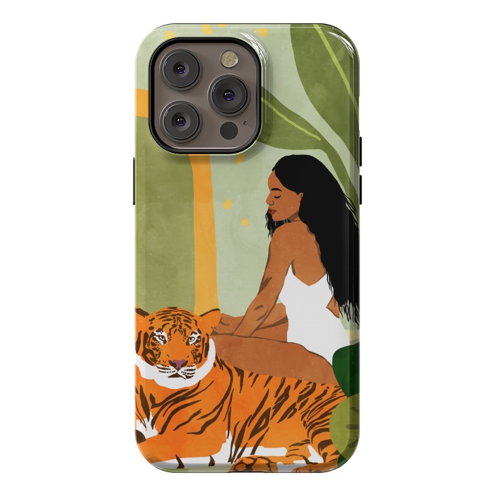 iPhone 14 Pro max StrongFit Just You & Me | Tiger Urban Jungle Friendship | Wild Cat Bohemian Black Woman with Pet by Uma Prabhakar Gokhale