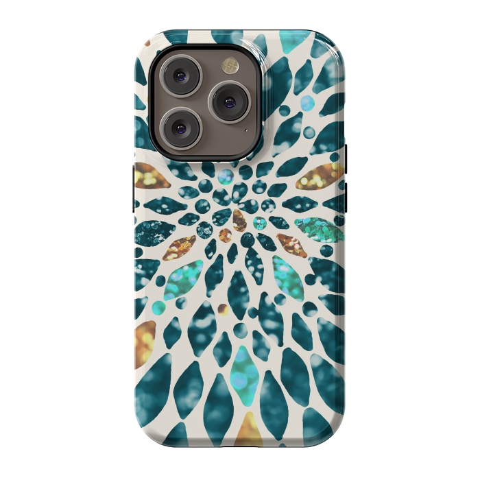 iPhone 14 Pro StrongFit Glitter Dahlia in Gold, Aqua and Ocean Green by Tangerine-Tane