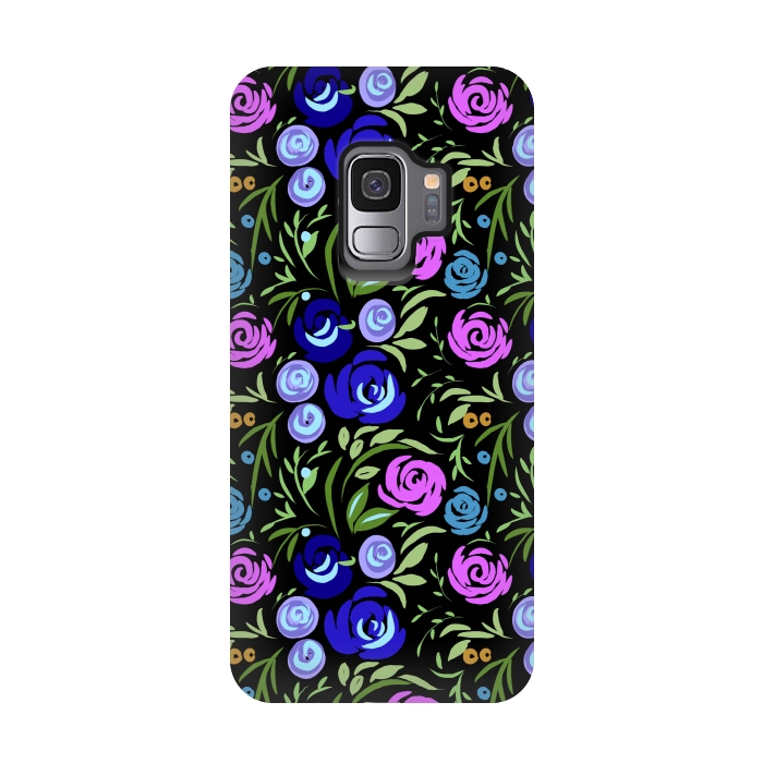 Galaxy S9 StrongFit Floral design with tiny roses blue pink pattern by Josie