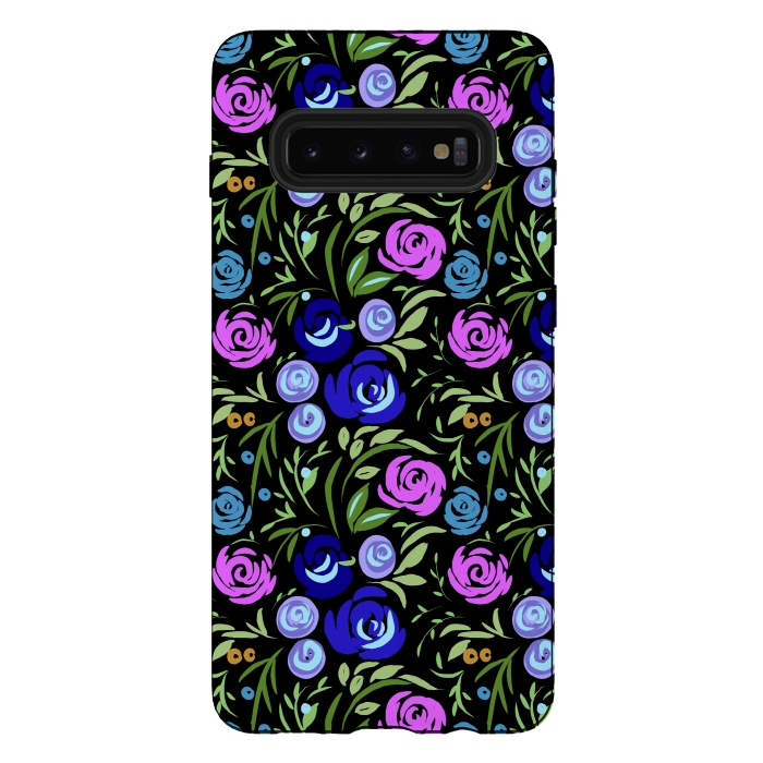 Galaxy S10 plus StrongFit Floral design with tiny roses blue pink pattern by Josie