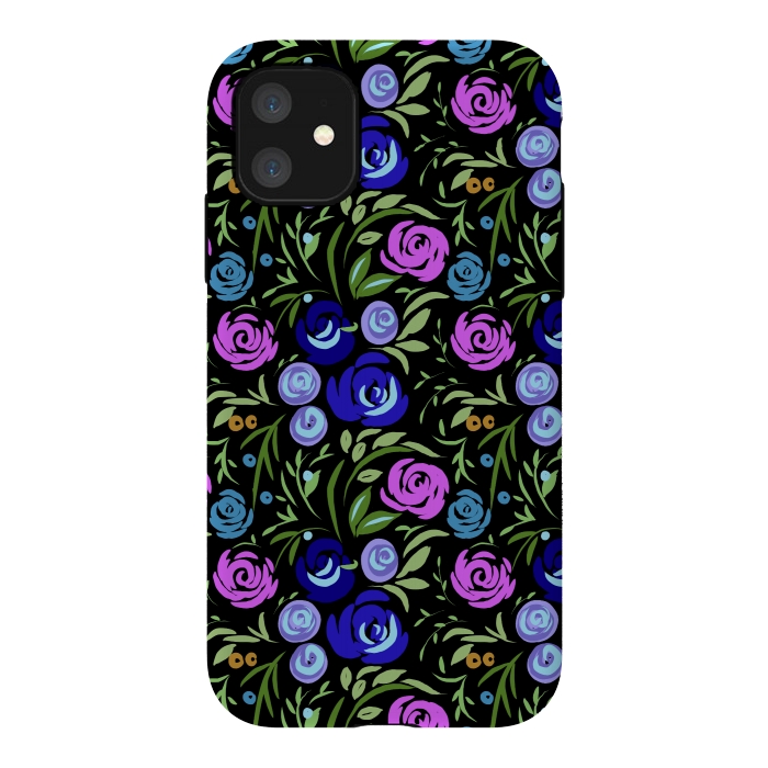 iPhone 11 StrongFit Floral design with tiny roses blue pink pattern by Josie